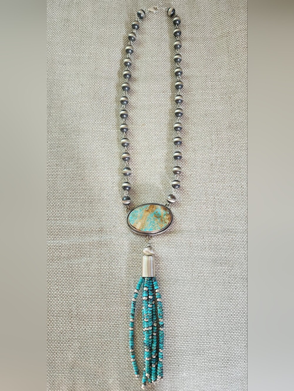 Kathleen Yazzie Royston Turquoise Tassel Necklace On Navajo Pearls Rosary Beads